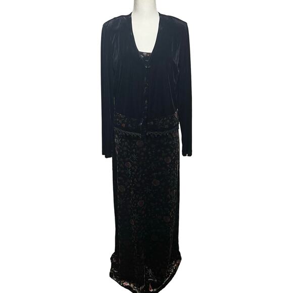 Vintage 90s Rabbit Designs Sz 12 Black Floral Velvet Dress Suit Jacket Maxi Set - Picture 1 of 15